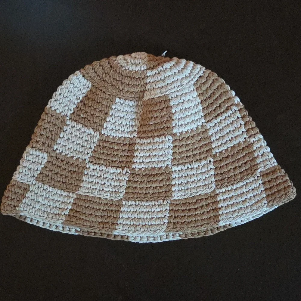 Tan and Cream Checkered Crochet Bucket Hat Boho Knit Festival Sun Cap